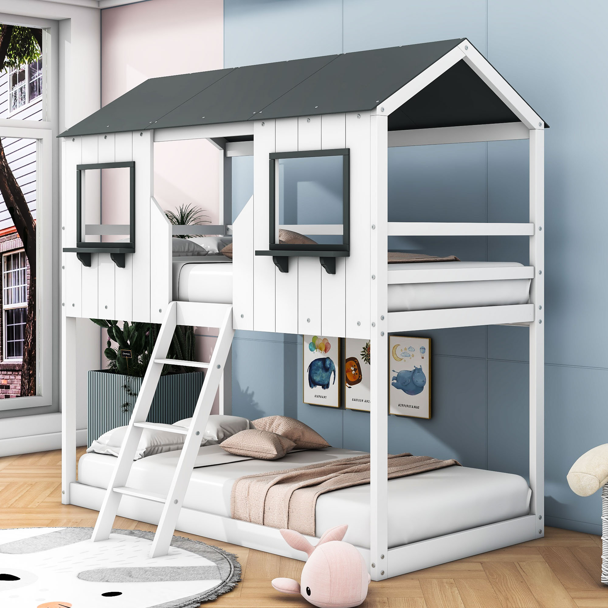 Wayfair Vanities Harper Orchard Twin Over Twin Wooden House Bunk Bed